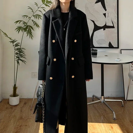 High-end Thick Double-sided Wool Coat Female Fashion Long  Autumn Winter Lapel Double Breasted Wool Coat Women Loose Outerwear