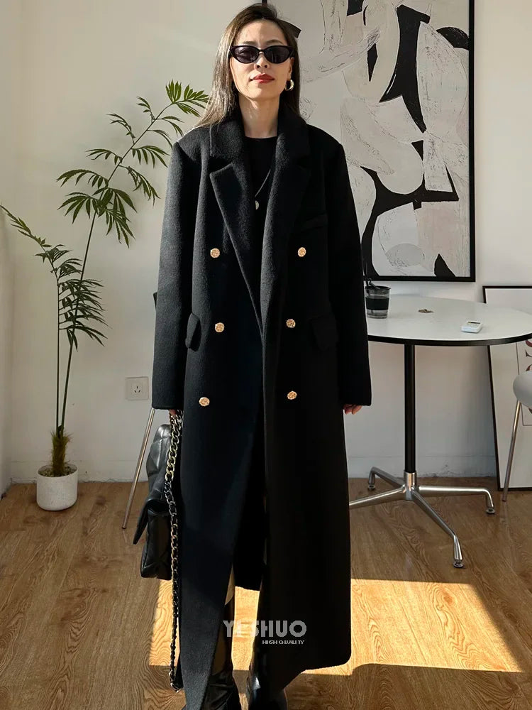 High-end Thick Double-sided Wool Coat Female Fashion Long  Autumn Winter Lapel Double Breasted Wool Coat Women Loose Outerwear