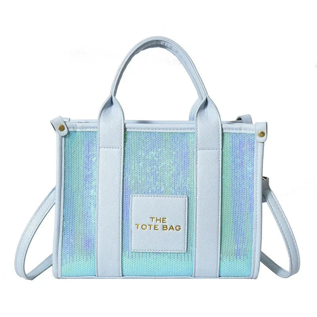 Sequins Top-Handle Bags Fashion PU Leather Shoulder Bag Large Capacity Travel Handbag Women Trendy Casual Satchel Tote Purse PlatiNum