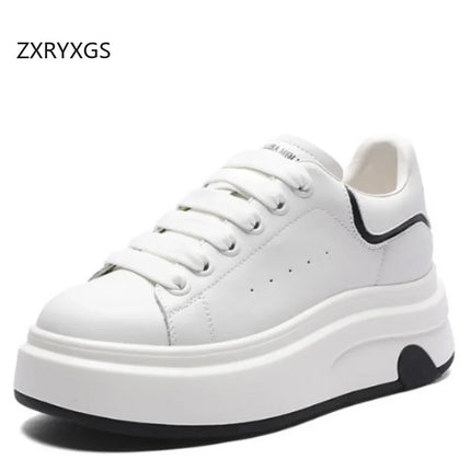 ZXRYXGS 2025 Spring Genuine Leather  Breathable Comfortable Shoes Woman New Thick Sole Wedges Increase Casual Sneakers White