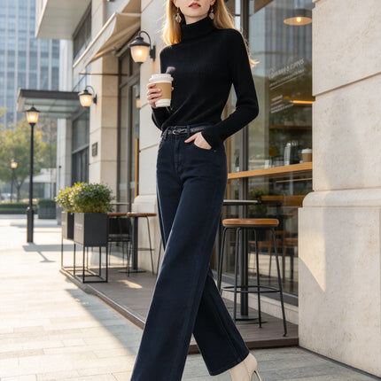 Women’s high-waisted, wide-leg jeans in dark blue raw denim; elegant, casual-style wide-leg trousers with a relaxed fit, perfect for the casual office and versatile everyday looks FX-1338-7