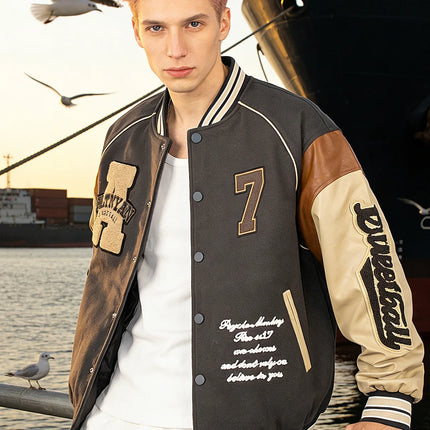 Men's Casual Varsity Jacket Motorcycle Bomber Coat Vintage Letterman Baseball Streetwear Outerwear with Faux Leather Sleeves