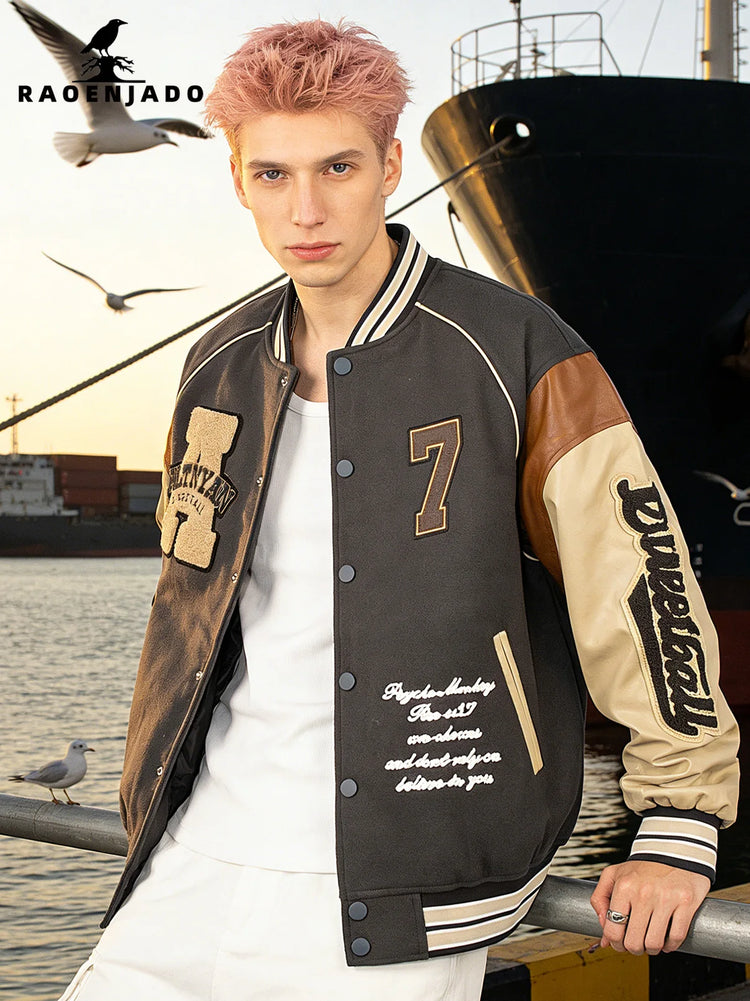Men's Casual Varsity Jacket Motorcycle Bomber Coat Vintage Letterman Baseball Streetwear Outerwear with Faux Leather Sleeves