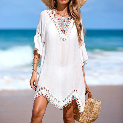 Copricostume da spiaggia allacciato senza schienale alla moda, abito trasparente con scollo a V colorato con gancio a mano in pizzo per donna platinumshop