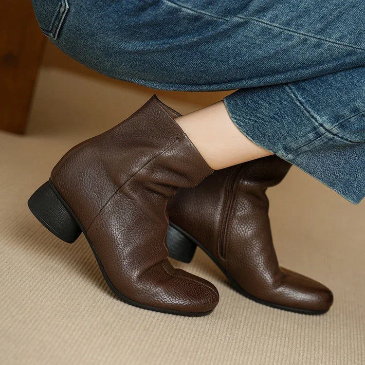Women's Shoes Sheepskin Round Toe Side Zip 2027 Autumn Ankle Boots 4.5cm Thick Med Heel High Quality Soft Casual Short Booties