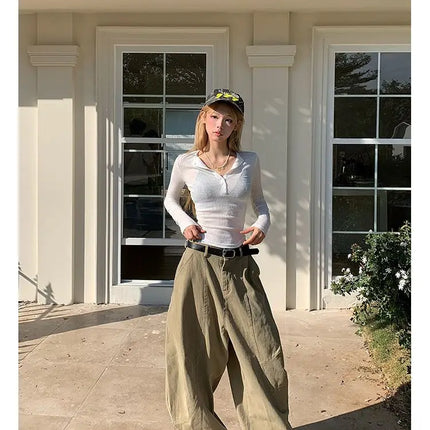 HOUZHOU Y2K Vintage Wash Donna Cargo Jeans Harajuku Scimitar Gamba larga Pantaloni in denim retrò americani Pantaloni larghi Gyaru Streetwear