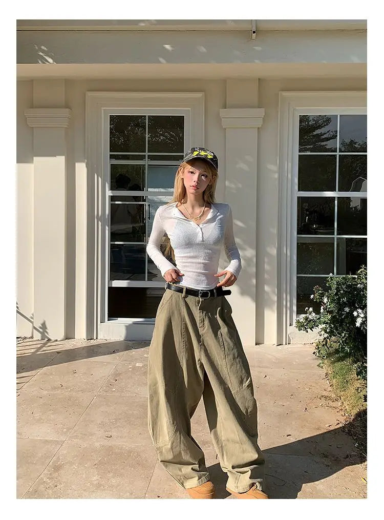 HOUZHOU Y2K Vintage Wash Donna Cargo Jeans Harajuku Scimitar Gamba larga Pantaloni in denim retrò americani Pantaloni larghi Gyaru Streetwear