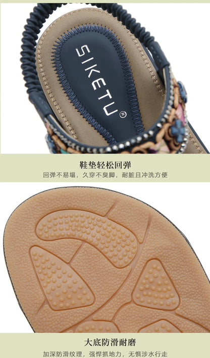 Summer 2025 Pomesian Rhinestones Comfortable And Casual Beach Flat Sandals For Women Ethnic Style Leisure Comfortable And Simple
