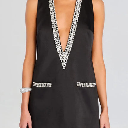 Women's Summer Dress with Deep V-Neck, Sexy Mini Party Dress, Elegant Sleeveless Patchwork Dress for Holidays