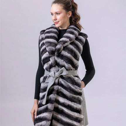 Women's Real Natural Rex Rabbit Fur long vest Chinchilla Color Waistcoat Furry Winter Warm Fluffy Vest Korean Length 90cm 240519