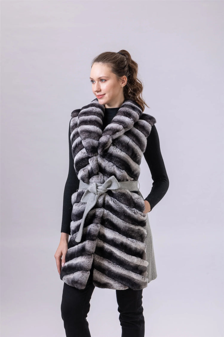 Women's Real Natural Rex Rabbit Fur long vest Chinchilla Color Waistcoat Furry Winter Warm Fluffy Vest Korean Length 90cm 240519