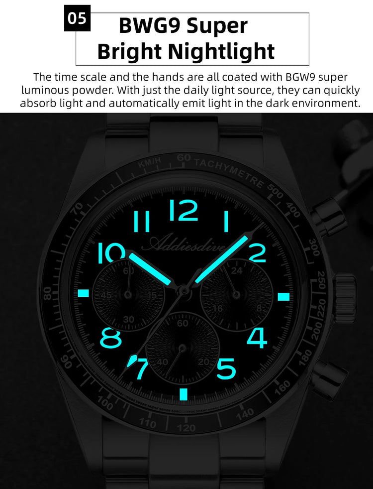 ADDIESDIVE New Chronograph 0S20 Quartz Wristwatch Luxury Men Watch Ceramic Bezel Domed Glass 100m Waterproof BGW9 Luminous