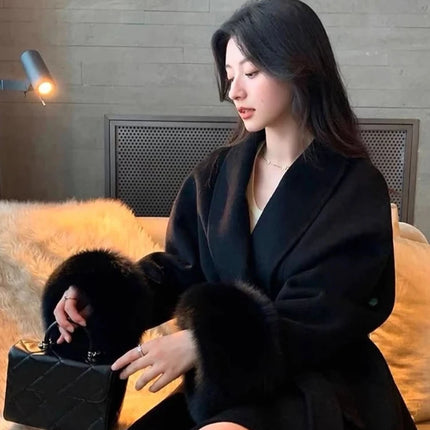 Elegant Lace Up Woolen Short Coat Solid Loose Lapel Furry Long Sleeve Belt Waist Jacket 2026 Spring Autumn Lady Chic Cardigan