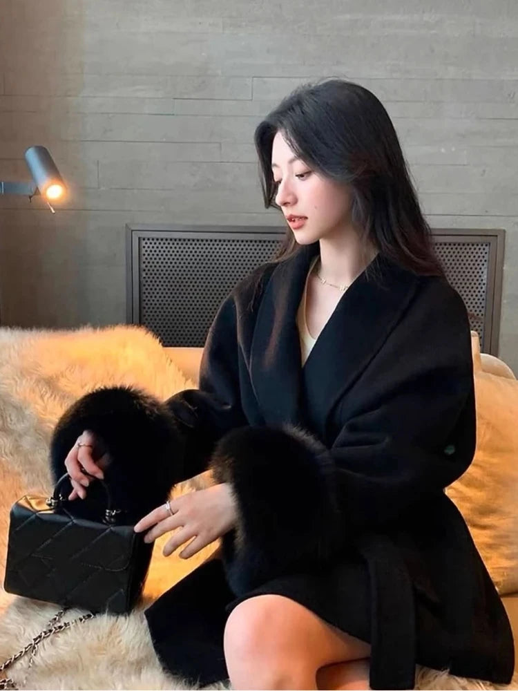 Elegant Lace Up Woolen Short Coat Solid Loose Lapel Furry Long Sleeve Belt Waist Jacket 2026 Spring Autumn Lady Chic Cardigan