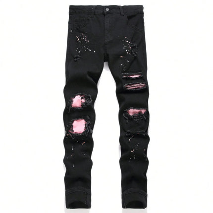 Men y2k Stretchy Skinny Denim Jeans For Men Casual pants Ripped Patchwork Hole Slim Fit Denim Hip Hop Black Straight Trousers PlatiNum