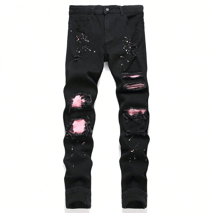 Men y2k Stretchy Skinny Denim Jeans For Men Casual pants Ripped Patchwork Hole Slim Fit Denim Hip Hop Black Straight Trousers PlatiNum