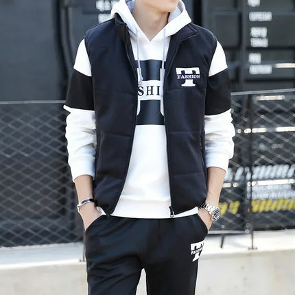 3 Pieces Set Hoodies+Vest+Pants Casual Men's Track Suit Clothing Coats Winter Thick Warm Tracksuit for Men Printed Mens Set Vest