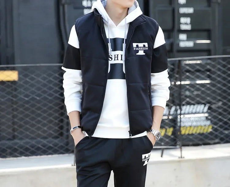 3 Pieces Set Hoodies+Vest+Pants Casual Men's Track Suit Clothing Coats Winter Thick Warm Tracksuit for Men Printed Mens Set Vest