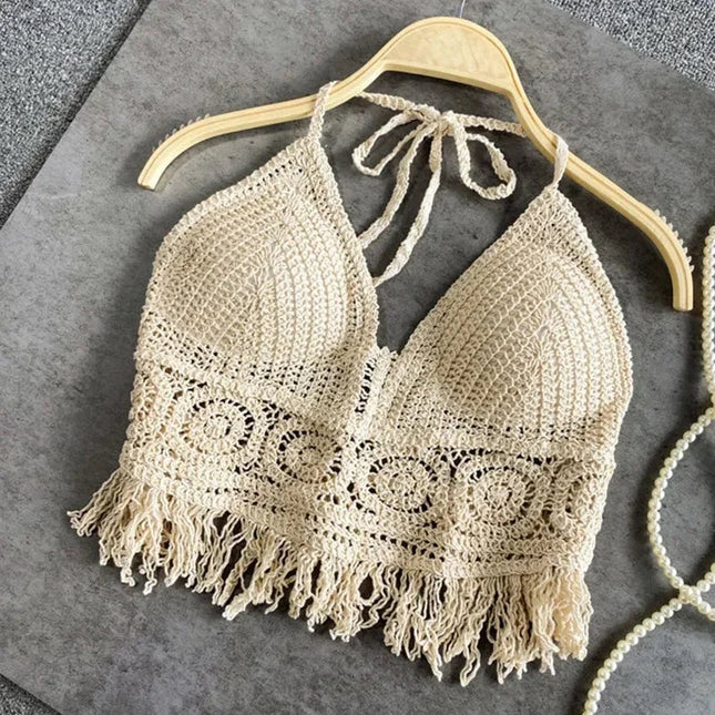 Sexy Boho Beach Holiday Canotta Halter Donna Crochet Maglia Costume da bagno Reggiseno Backless Vest Hollow Nappa Canotta Crop Top da donna platinumshop
