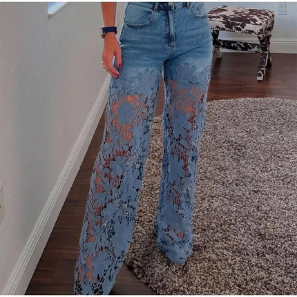 Jeans a Vita Alta e Gamba Larga, Pantaloni Estivi alla Moda con Inserti in Pizzo, Jeans in Denim Traforato e Drappeggiato, Jeans da Donna in Cotone con Cerniera per Primavera