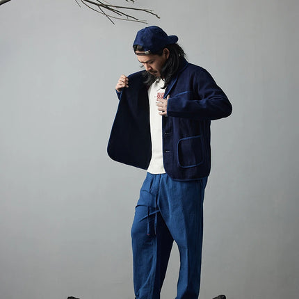Vintage Handmade Indigo Jacket Men Spring Autumn New Lapel Multi-pocket Plant Blue Dyed Long Sleeve Jacket Casual Cardigan Coat