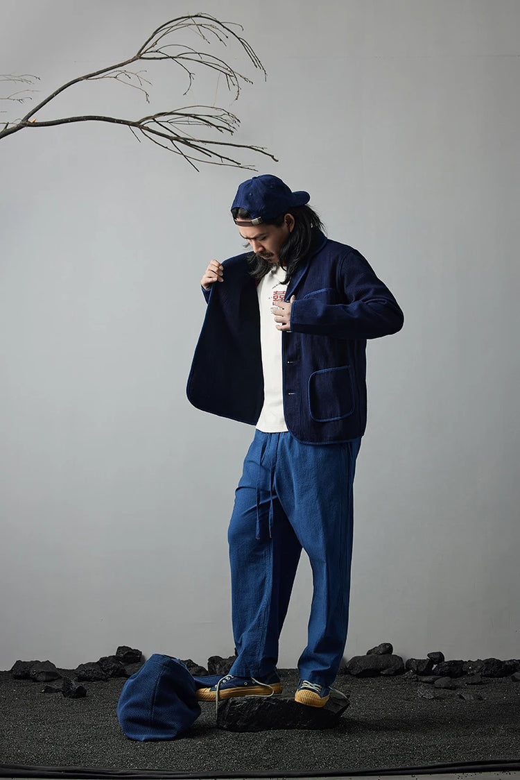 Vintage Handmade Indigo Jacket Men Spring Autumn New Lapel Multi-pocket Plant Blue Dyed Long Sleeve Jacket Casual Cardigan Coat