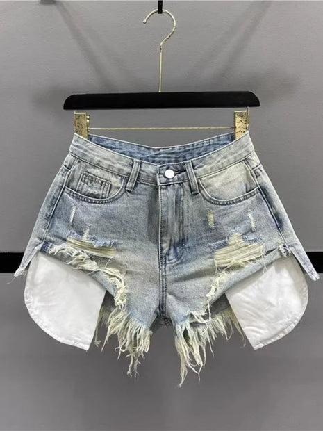 HOUZHOU Pantaloncini di jeans strappati vintage per donna Pantaloncini Y2k coreani sexy blu Gyaru a vita alta Streetwear Jeans corti Estetica