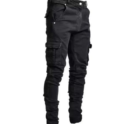 Men's street elastic workwear jeans washed solid color multi pocket casual mid waist pants slim fit daily wear jogging pants PlatiNum