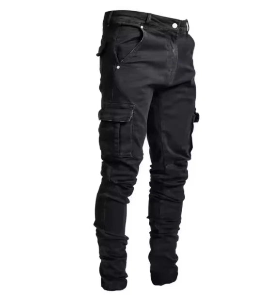 Men's street elastic workwear jeans washed solid color multi pocket casual mid waist pants slim fit daily wear jogging pants PlatiNum