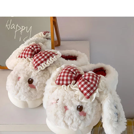 2026 New Women's Cotton Bow Bunny Slippers Winter Indoor Home Warm Household Wool Cotton Shoes Women Wear Indoor Winte