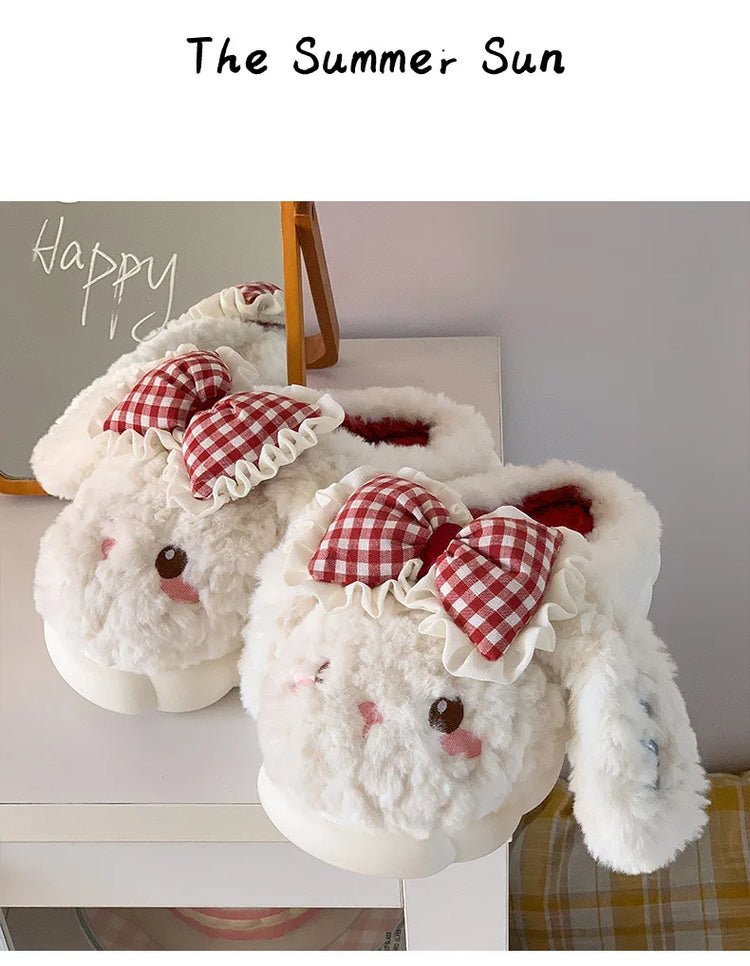 2026 New Women's Cotton Bow Bunny Slippers Winter Indoor Home Warm Household Wool Cotton Shoes Women Wear Indoor Winte