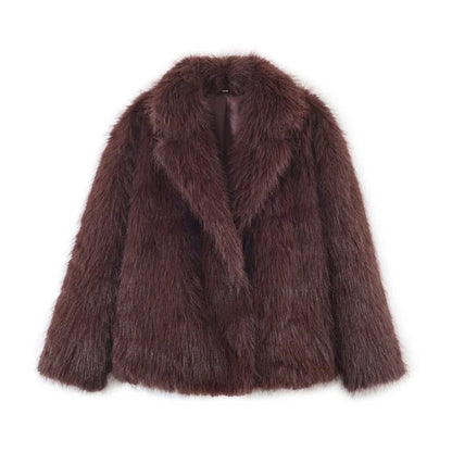 Women Elegant Faux Fur Coat Warm Fluffy Loose Long Sleeve Lapel Jacket Autumn Winter Fashion High Street Lady Outerwear