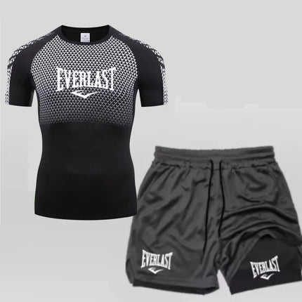 EVERLAST Men's Compress Shirt + 2-in-1 sports shorts 2pcs Set Leisure Breath Short Sleeve Sport Jogging Gym Brand Print Clothing platinumshop