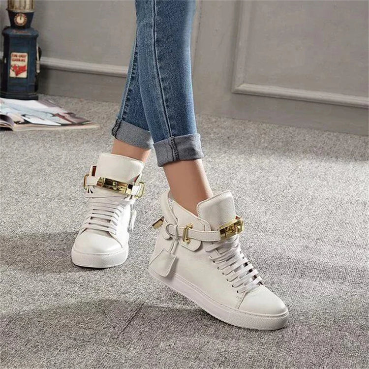 Women’s Genuine Cow Leather Flat Ankle Boots Stone Pattern Black High with Lace Sneakers Designer With Lock Luxury Brands Shoes