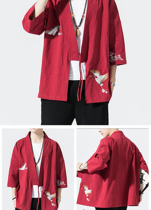 Camicie gru ricamate stile cinese retrò cotone lino Tang vestito Cardigan Mens tradizionale Kung Fu Tai Chi Casual Top camicette