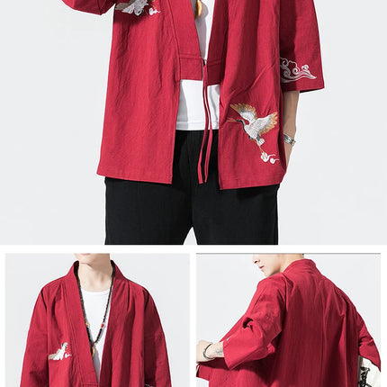 Camicie gru ricamate stile cinese retrò cotone lino Tang vestito Cardigan Mens tradizionale Kung Fu Tai Chi Casual Top camicette