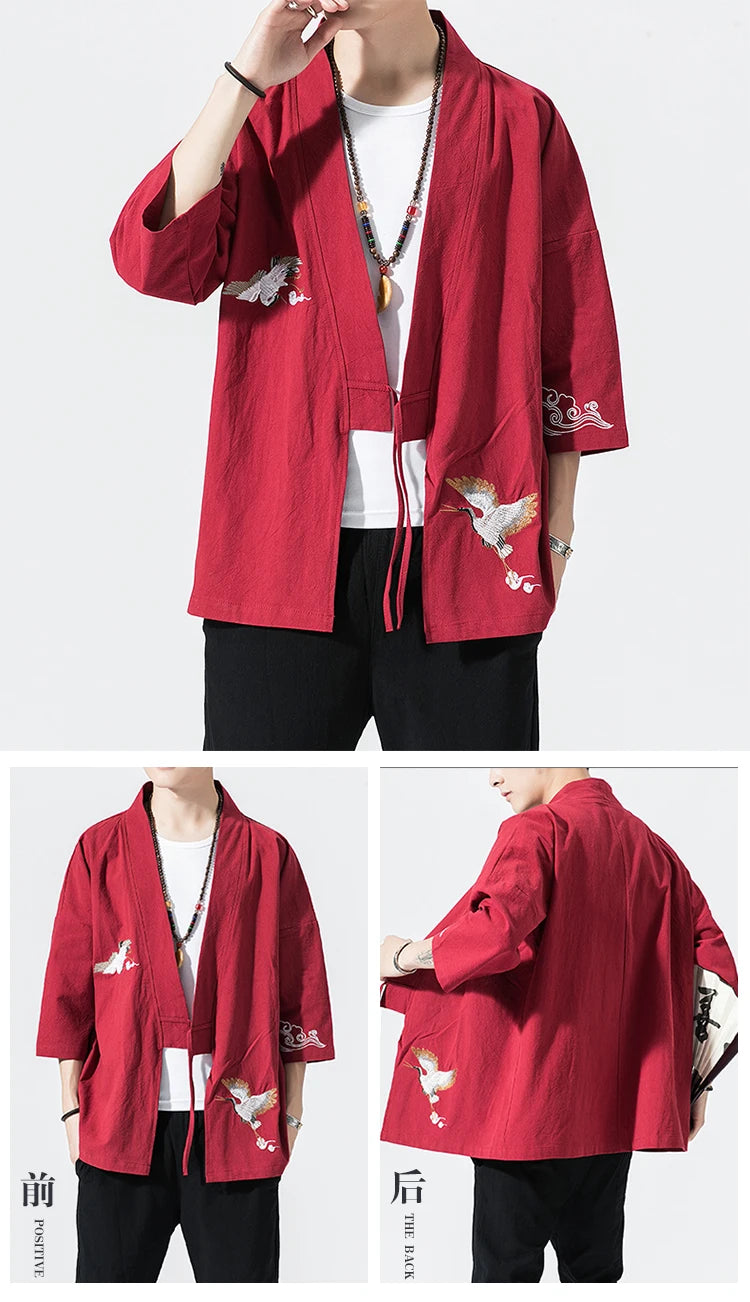 Camicie gru ricamate stile cinese retrò cotone lino Tang vestito Cardigan Mens tradizionale Kung Fu Tai Chi Casual Top camicette