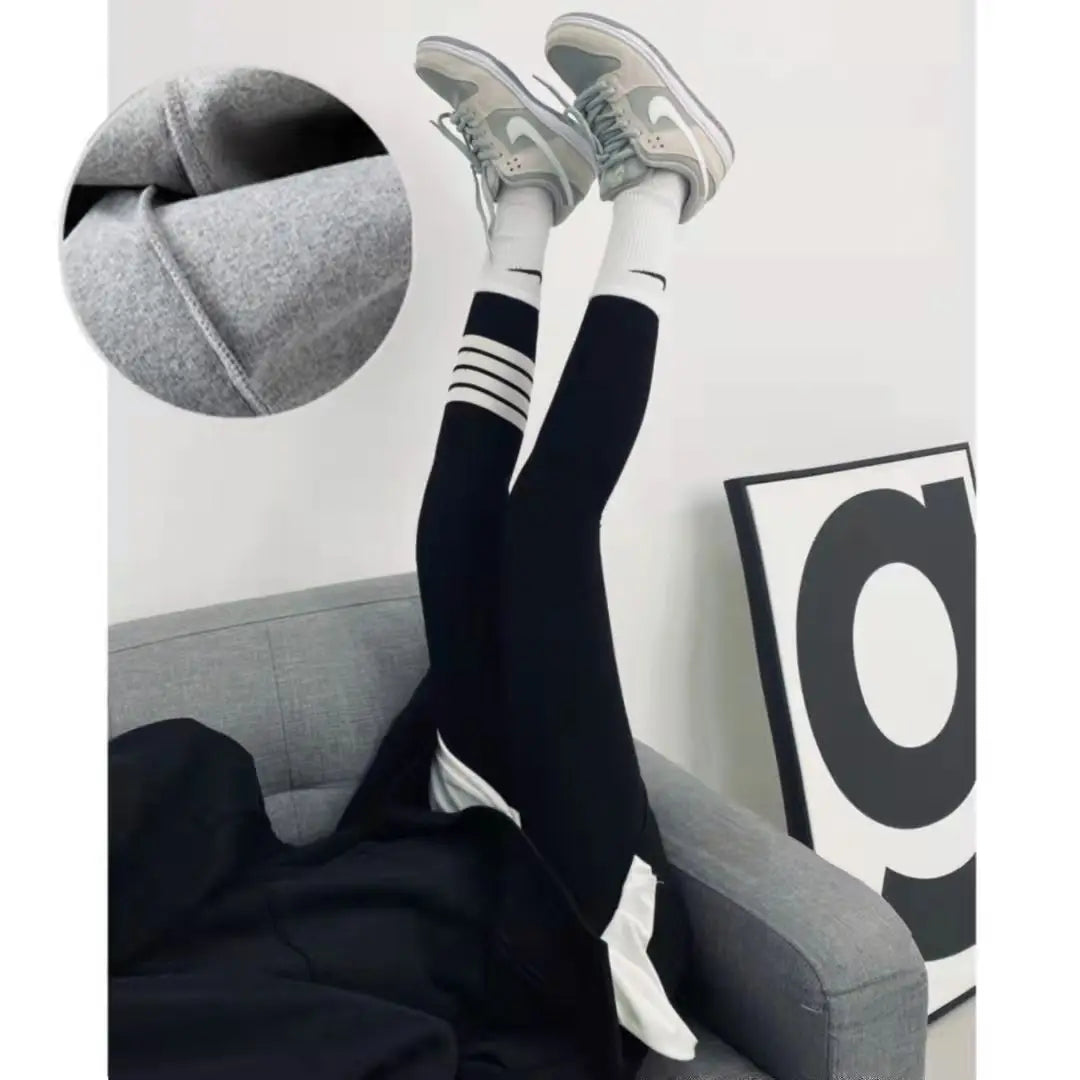 Autumn Winter Warm Thick Cotton Leggings for Women Fleece Lined Slim Fit Thermal Pants with Four Stripe Design