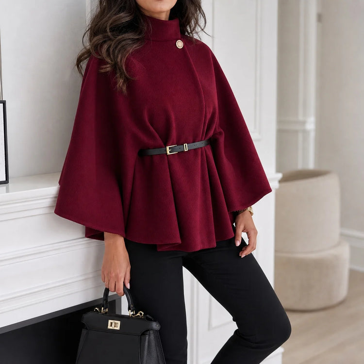 Women's Thick Turtleneck Batwing Sleeve Cape Coat with Single Button Elegant Three Quarter Length Top for Woman and Ponchos