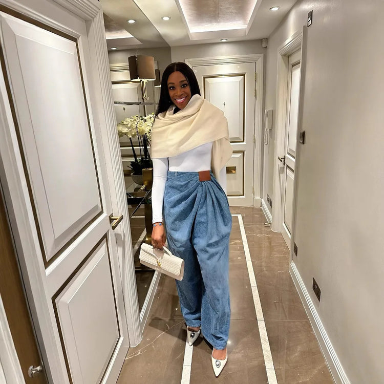 Jeans da Donna a Gamba Larga Lavati a Vita Alta con Pieghe e Effetto Distressed, Denim Vintage Primavera 2026, Pantaloni Femminili Streetwear a Tutta Lunghezza