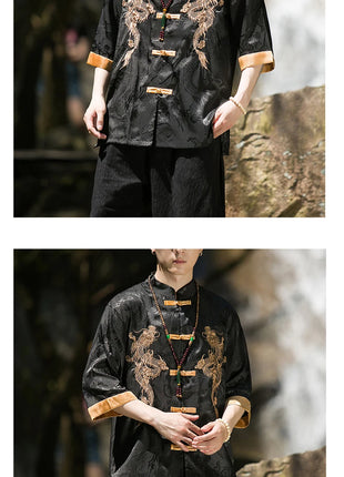 Camicia con ricamo drago dorato da uomo in seta di ghiaccio di alta qualità casual allentato a maniche corte top cardigan tradizionale kung fu retrò da uomo