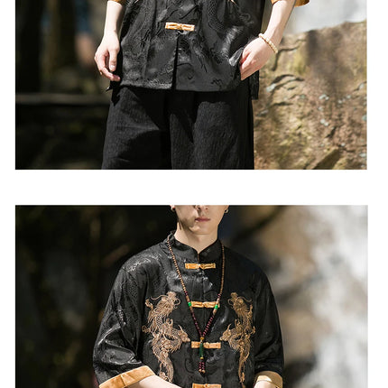 Camicia con ricamo drago dorato da uomo in seta di ghiaccio di alta qualità casual allentato a maniche corte top cardigan tradizionale kung fu retrò da uomo