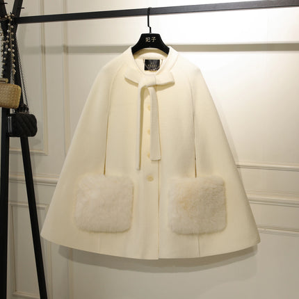 French Elegant Socialite Cape Jacket Plush Pocket Round Neck Bow Single-breasted Loose Versatile Woolen Cloak Coats Women Winter