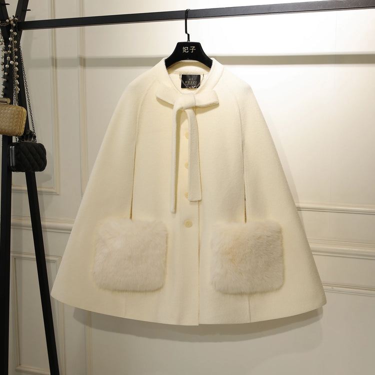 French Elegant Socialite Cape Jacket Plush Pocket Round Neck Bow Single-breasted Loose Versatile Woolen Cloak Coats Women Winter