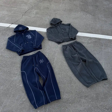 American Y2K Casual Zipper Hoodie Sweatpant Two Piece Set HipHop Oversized Embroidery Sweatshirts Men Women Casual Pants PlatiNum