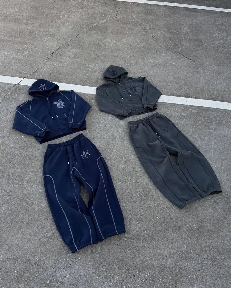 American Y2K Casual Zipper Hoodie Sweatpant Two Piece Set HipHop Oversized Embroidery Sweatshirts Men Women Casual Pants PlatiNum