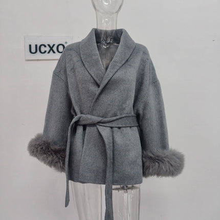 Elegant OL Office Lady Overcoats Fur Patchwork Long Sleeve Woolen Coat Beautiful Women's Clothing Jacket Autumn 2025 Spring