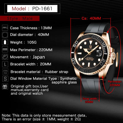 Orologio sportivo di lusso PAGANI DESIGN da uomo, meccanico automatico, con ghiera in oro rosa, luce notturna, orologio regalo alla moda per uomo + scatola