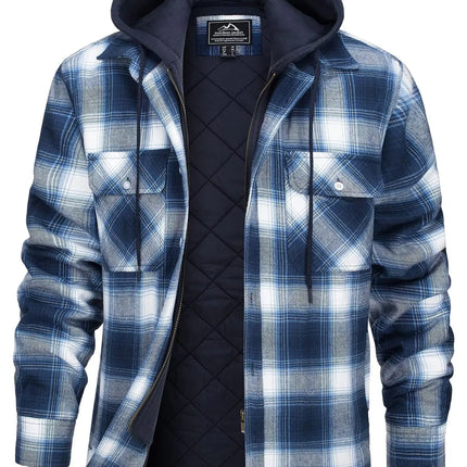 TACVASEN Men's Flannel Shirt Jacket with Removable Hood Plaid Quilted Lined Winter Coats Thick Hoodie Outwear Man Fleece Shirts