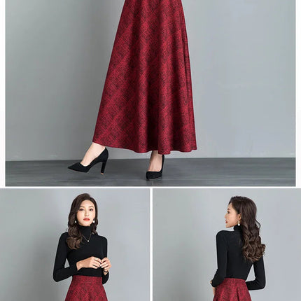 New Women Thick Woolen Skirt Autumn Winter Fashion Elastic High Waist A-Line Long Plaid Skirt Elegant Easy Match Wool Skirt PlatiNum